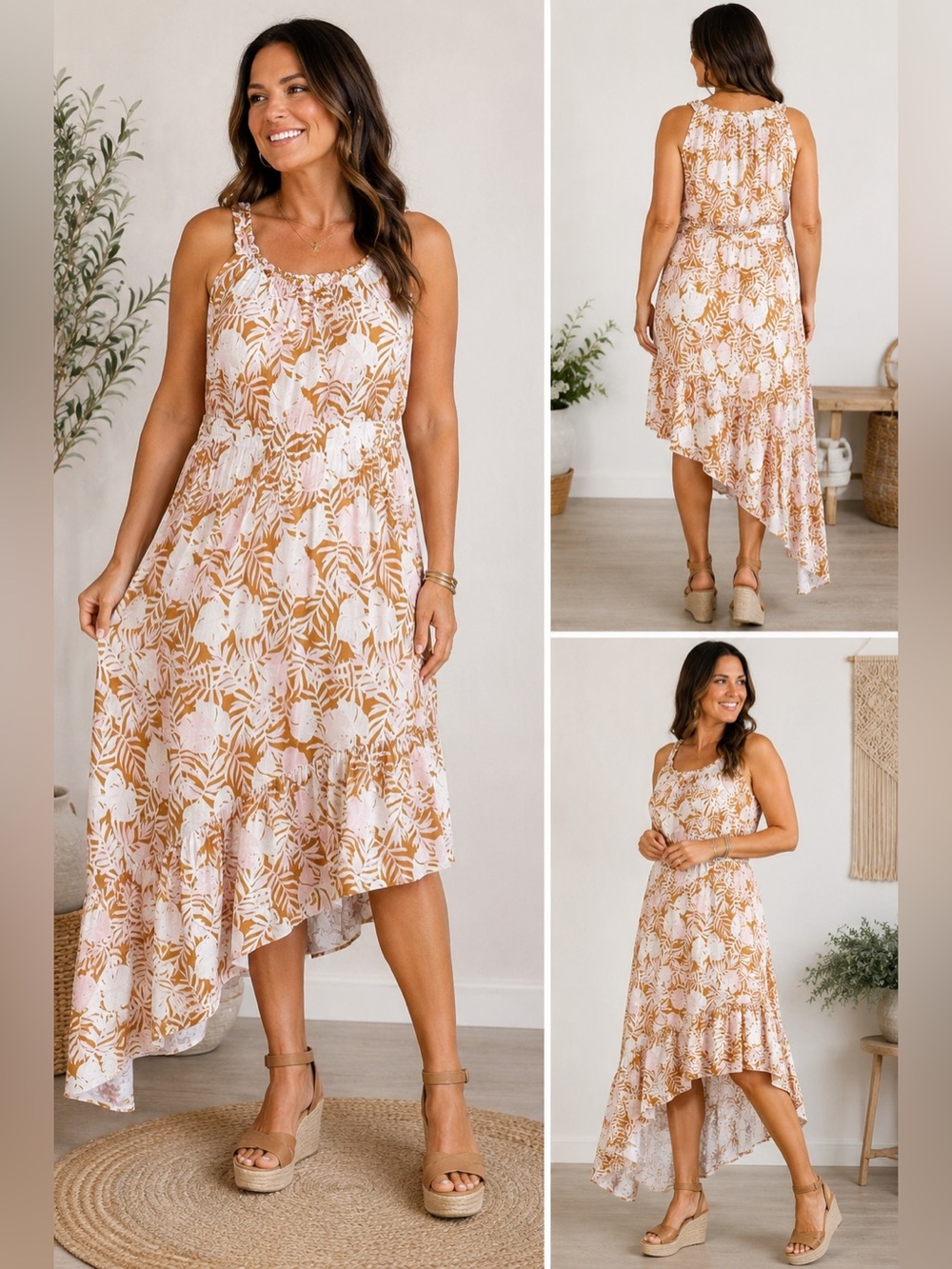 SO Plus Tropical Leaf Print Sleeveless Midi Dress Women’s Pink Tan